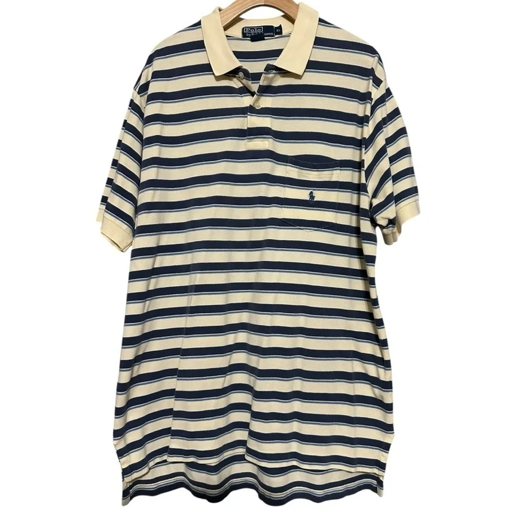 Polo Ralph Lauren Vintage Mens Size XL Cream Navy Blue Striped Cotton Polo Shirt